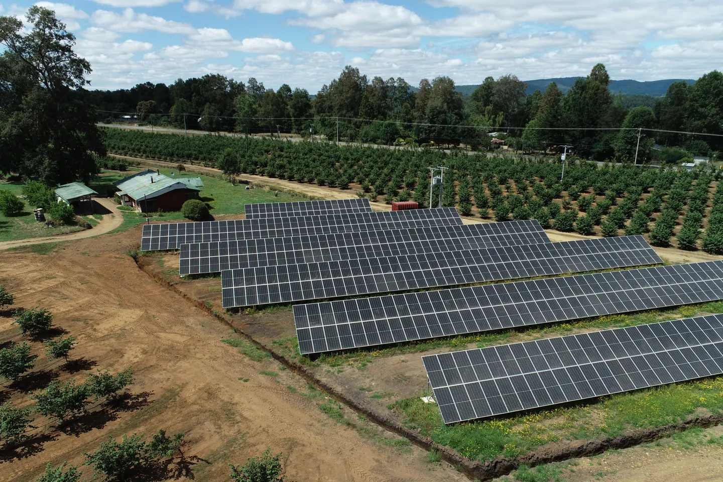 Filas de paneles fotovoltaicos rodeadas por una zanja, entre hileras de huerto, una casa de techo verde y una caseta roja.